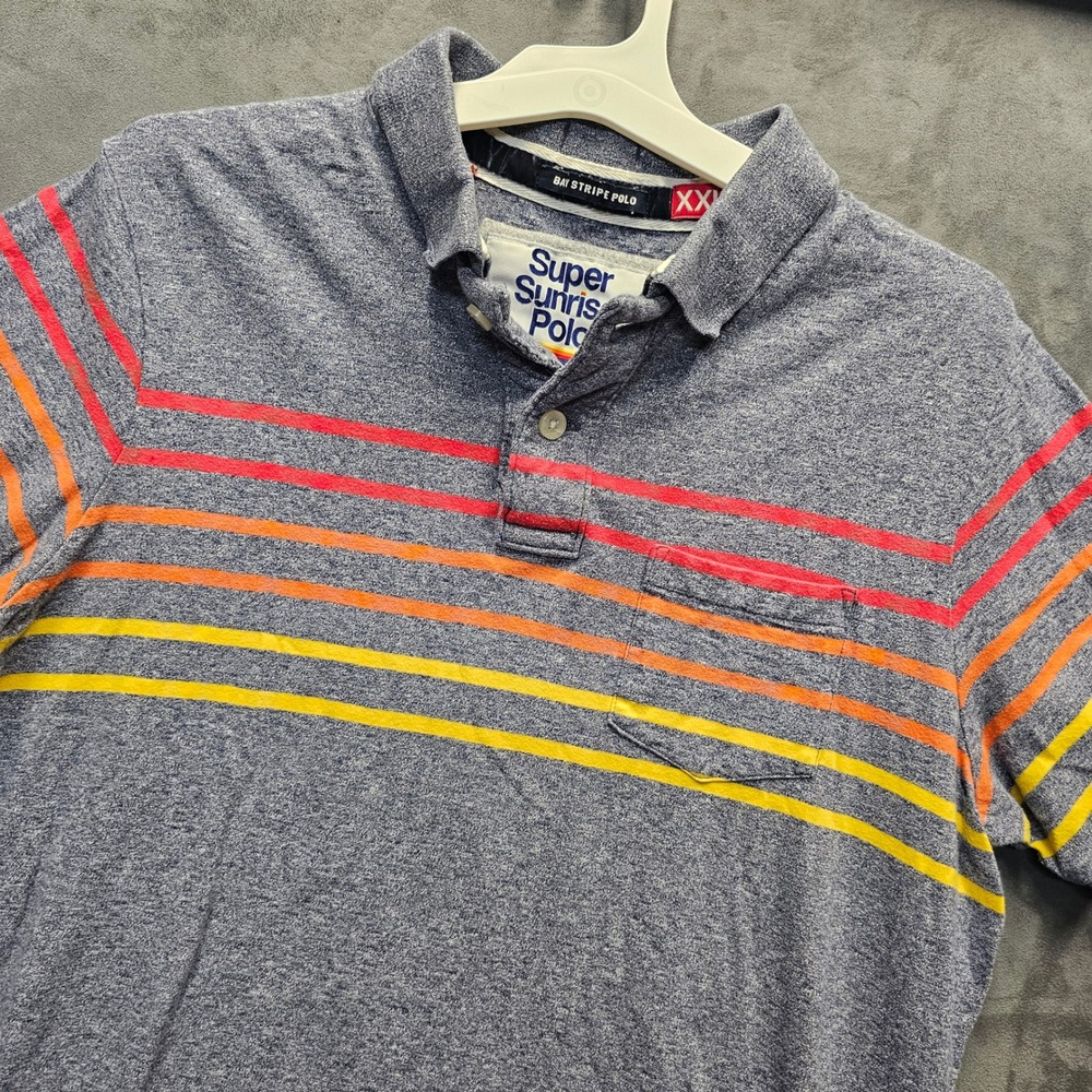 Superdry Mens XXL Bay Stripe Polo Blue Marl Cotton Short Sleeve Chest Pocket
